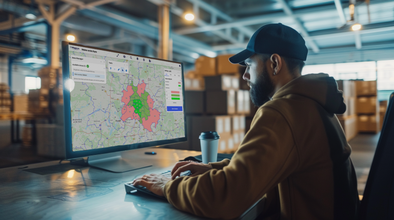 Logistiker, der am Computerbildschirm über Mapyx sein Gebiet ansieht.