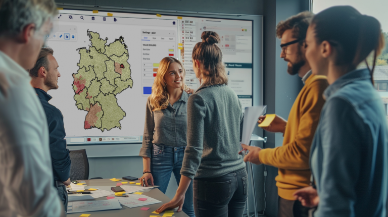 Marketingteam, vor einer Pinnwand und großem Screen, das diskutiert. Auf dem Screen ist eine Mapyx Kate zu sehen.