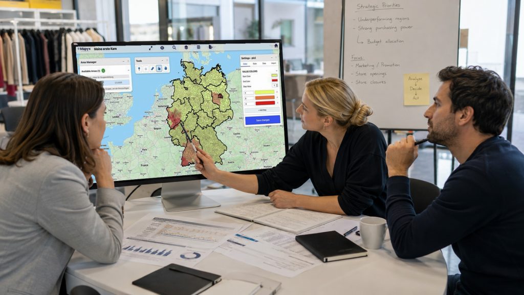Retail-Team analysiert mit Mapyx eine Deutschlandkarte zur regionalen Umsatz- und Standortbewertung