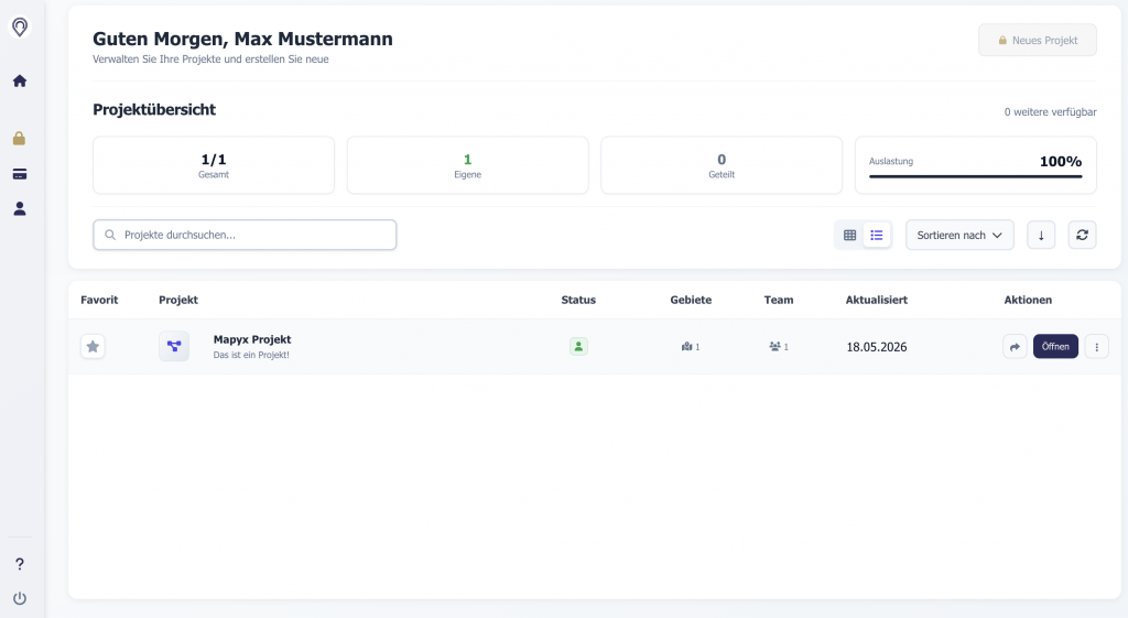 Mapyx Dashboard mit Projektübersicht, Projektstatistiken, Suchfunktion und Projektliste