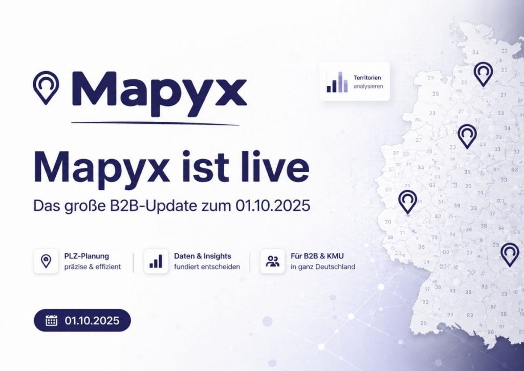 Mapyx ist live Beitragsbild zum offiziellen Produktstart am 01.10.2025 mit digitaler Postleitzahlenkarten und Mapyx-Logo
