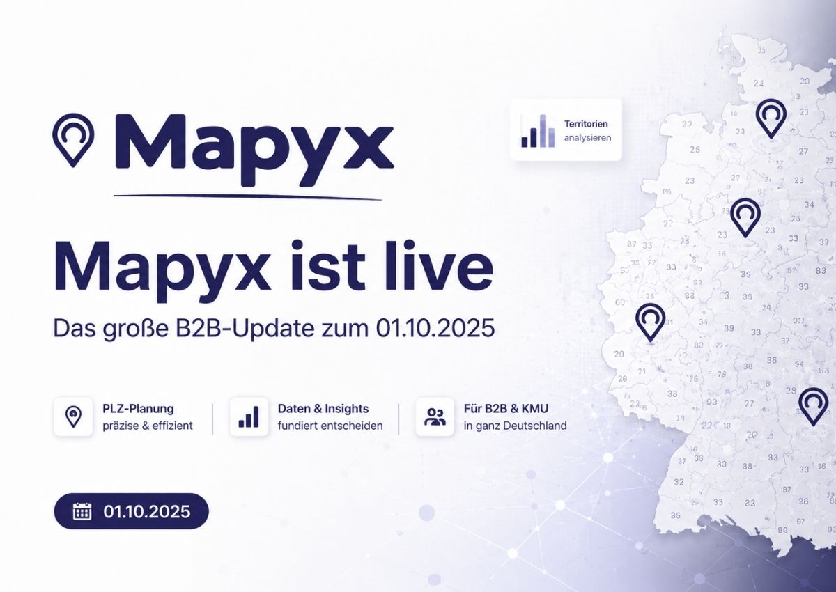 Mapyx ist live Beitragsbild zum offiziellen Produktstart am 01.10.2025 mit digitaler Postleitzahlenkarten und Mapyx-Logo