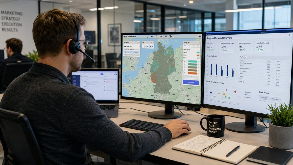 Mitarbeiter einer Marketingagentur analysiert regionale Leadnachfrage und PLZ-Gebiete auf mehreren Bildschirmen