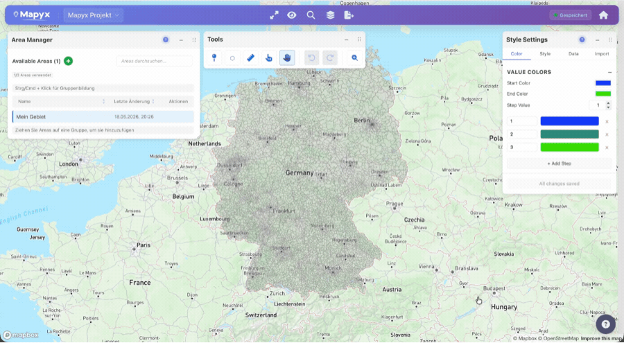GIF zeigt die einfache Erstellung einer interaktiven Karte mit Umkreis-Tool in Mapyx