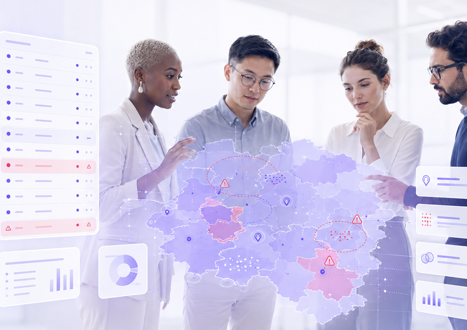 Team analysiert problematische Vertriebsgebietsplanung auf einer digitalen Karte mit Warnhinweisen und Dashboard-Elementen.