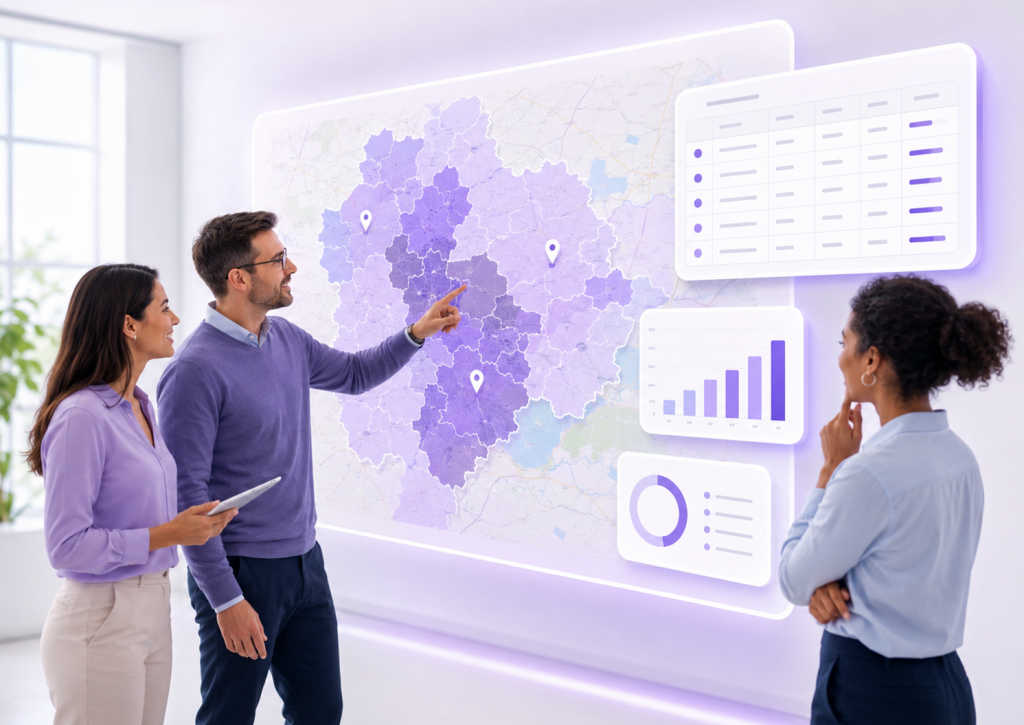 Team analysiert Vertriebsgebiete, regionale Daten und Kartenansichten mit Mapyx in einer modernen Arbeitsumgebung
